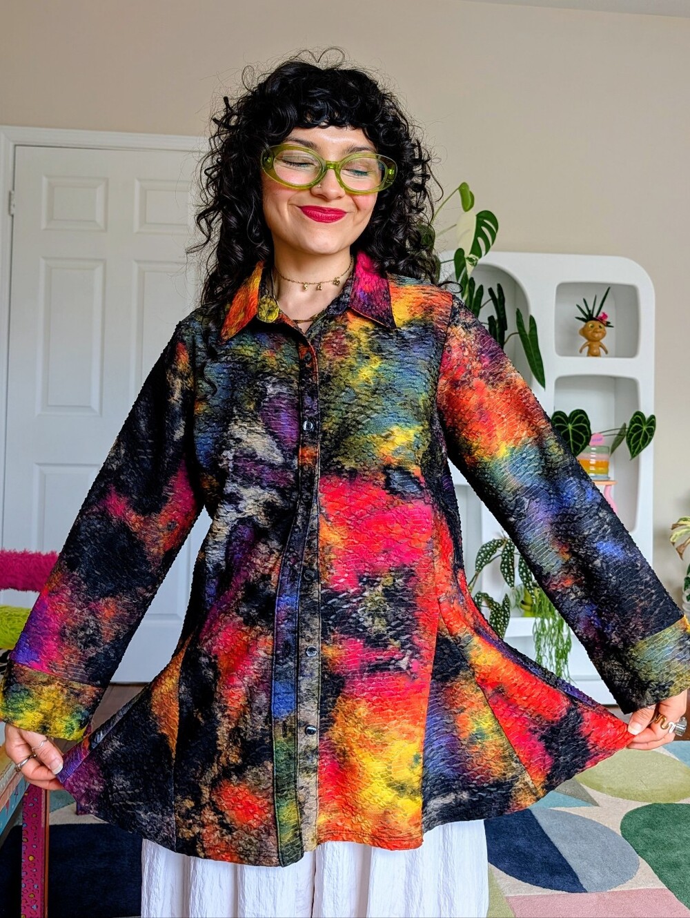 Vintage textured rainbow button down blouse with bell sleeves